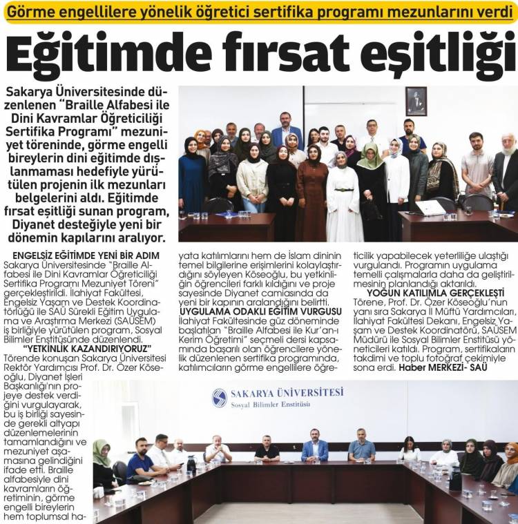 Braille Alfabesi ile Dini Kavramlar Öğreticiliği Sertifika Programı Mezuniyet Töreni Gerçekleştirildi