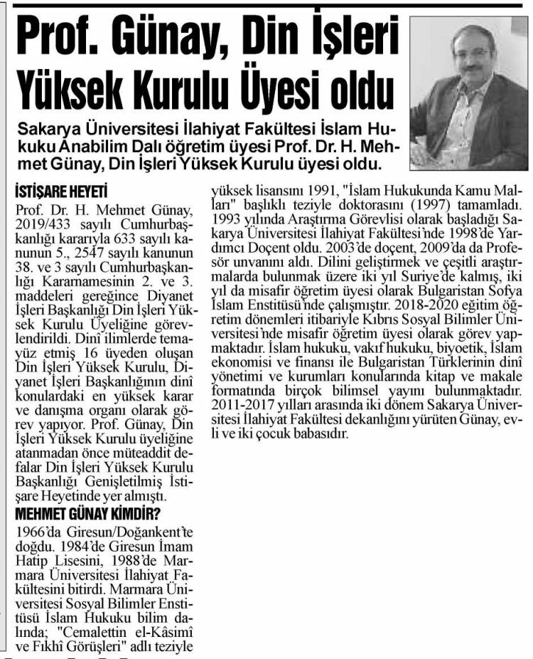 Prof. Dr. H. Mehmet Günay’ın Din İşleri Yüksek Kurulu Üyeliği